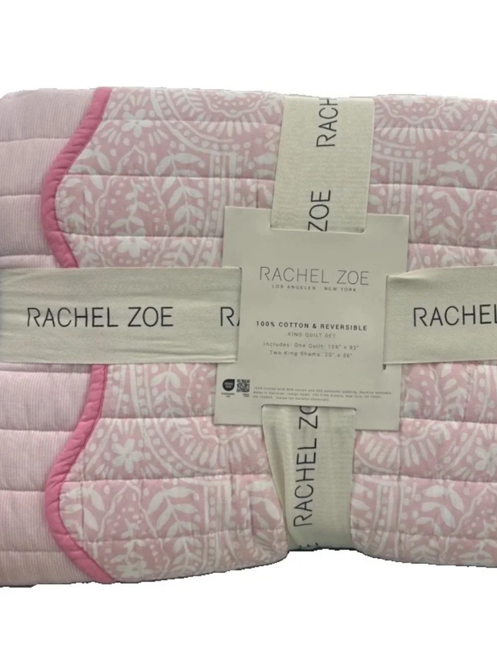 Rachel Zoe Pink and White Cotton and Reversible King Quilt Set 106”x92”